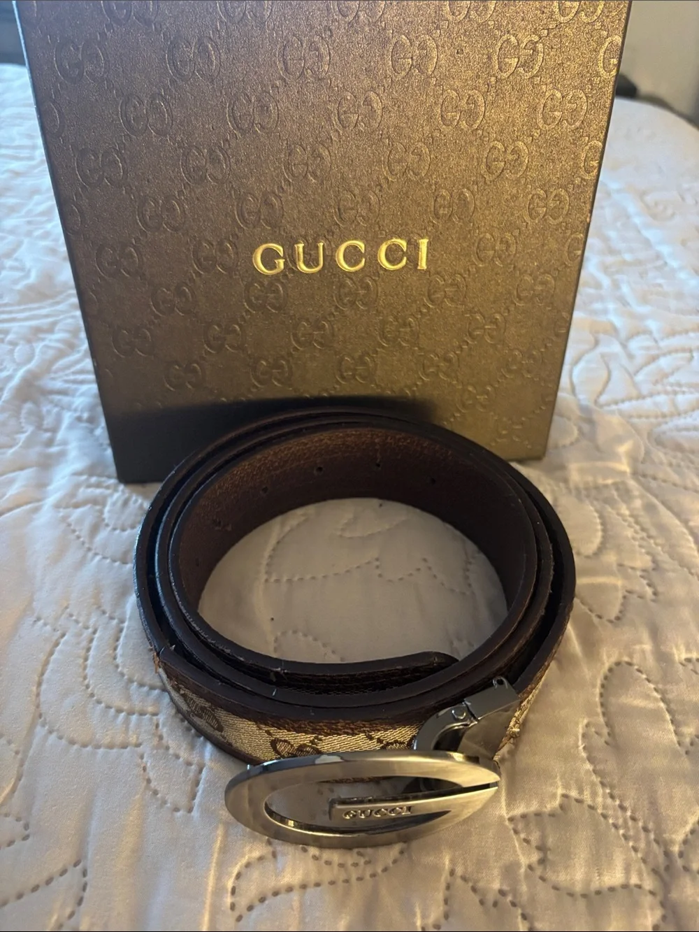 Upcycled Gucci Men's Brown GG Canvas Belt with Silver Oval Buckle